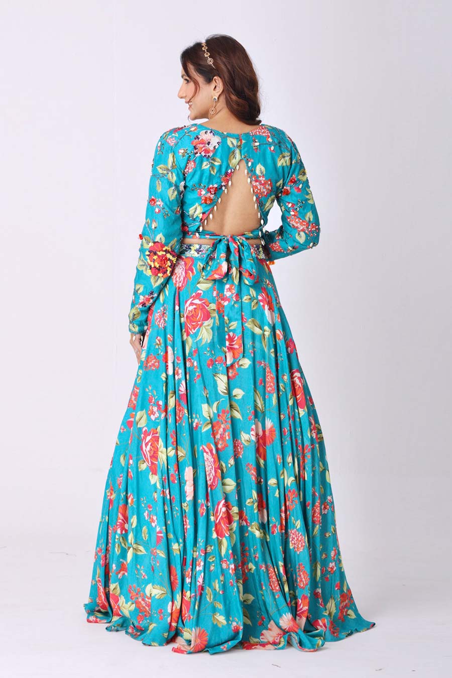 Turquoise Blue Floral Embroidered Blouse & Skirt Set