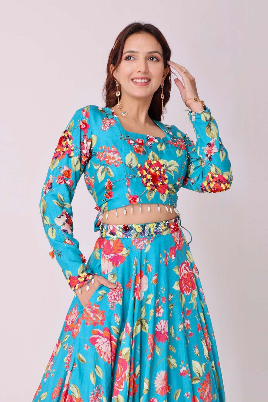 Turquoise Blue Floral Embroidered Blouse & Skirt Set