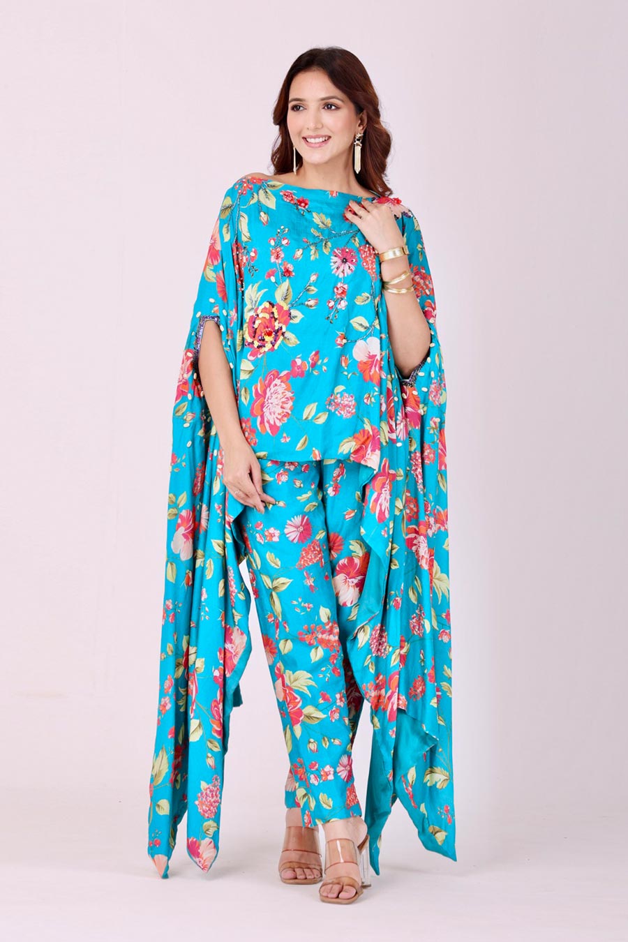 Turquoise Blue Floral Embroidered Tunic & Pant Set