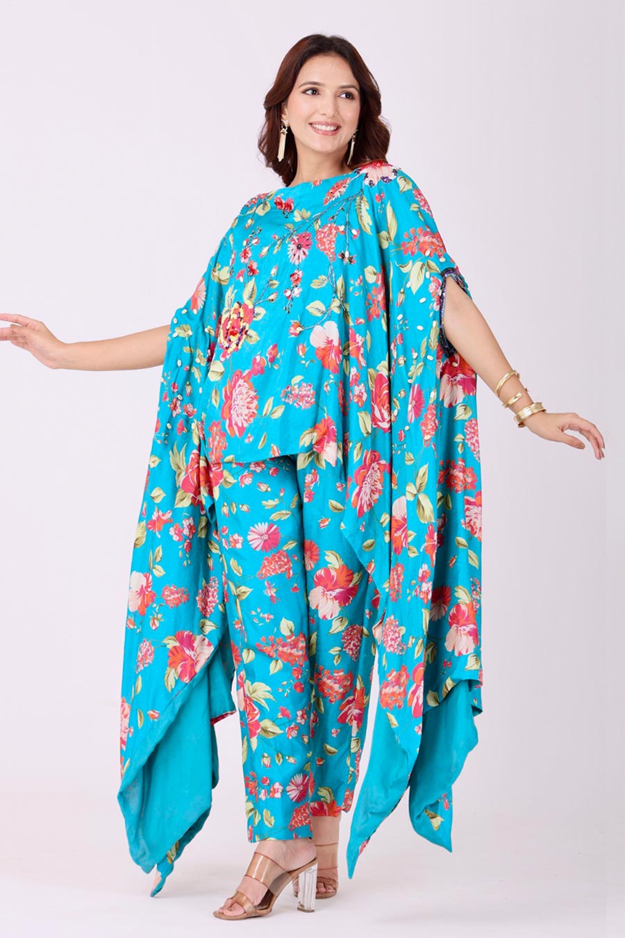 Turquoise Blue Floral Embroidered Tunic & Pant Set