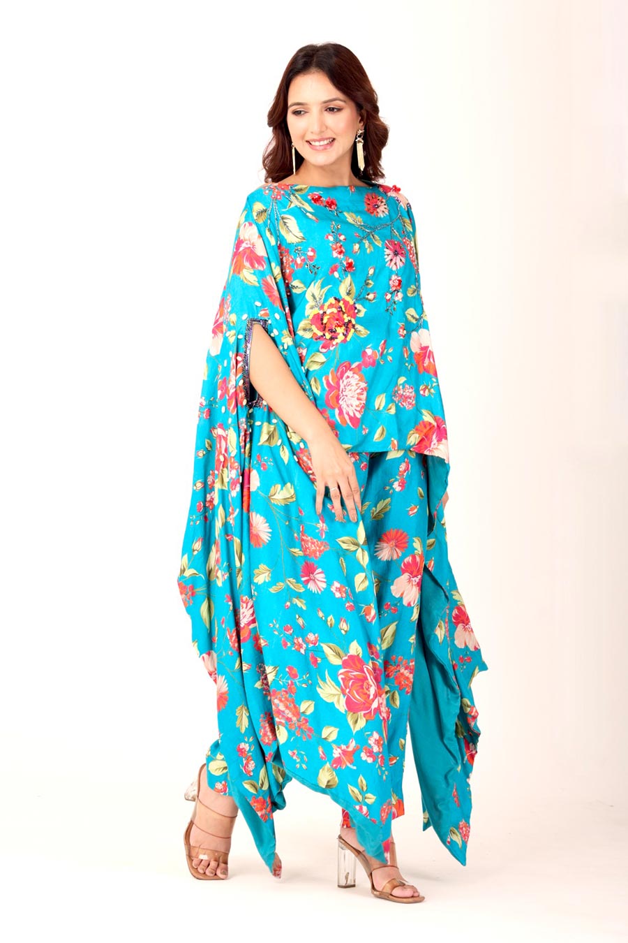 Turquoise Blue Floral Embroidered Tunic & Pant Set