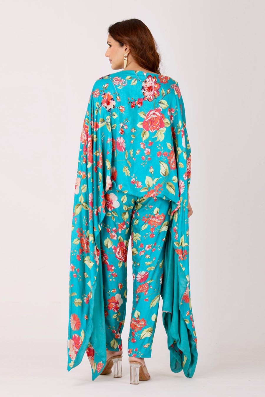 Turquoise Blue Floral Embroidered Tunic & Pant Set