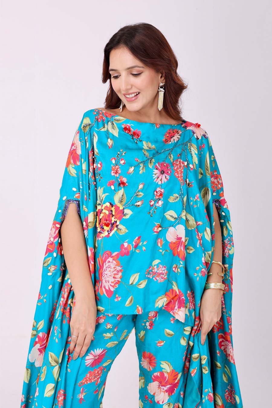 Turquoise Blue Floral Embroidered Tunic & Pant Set