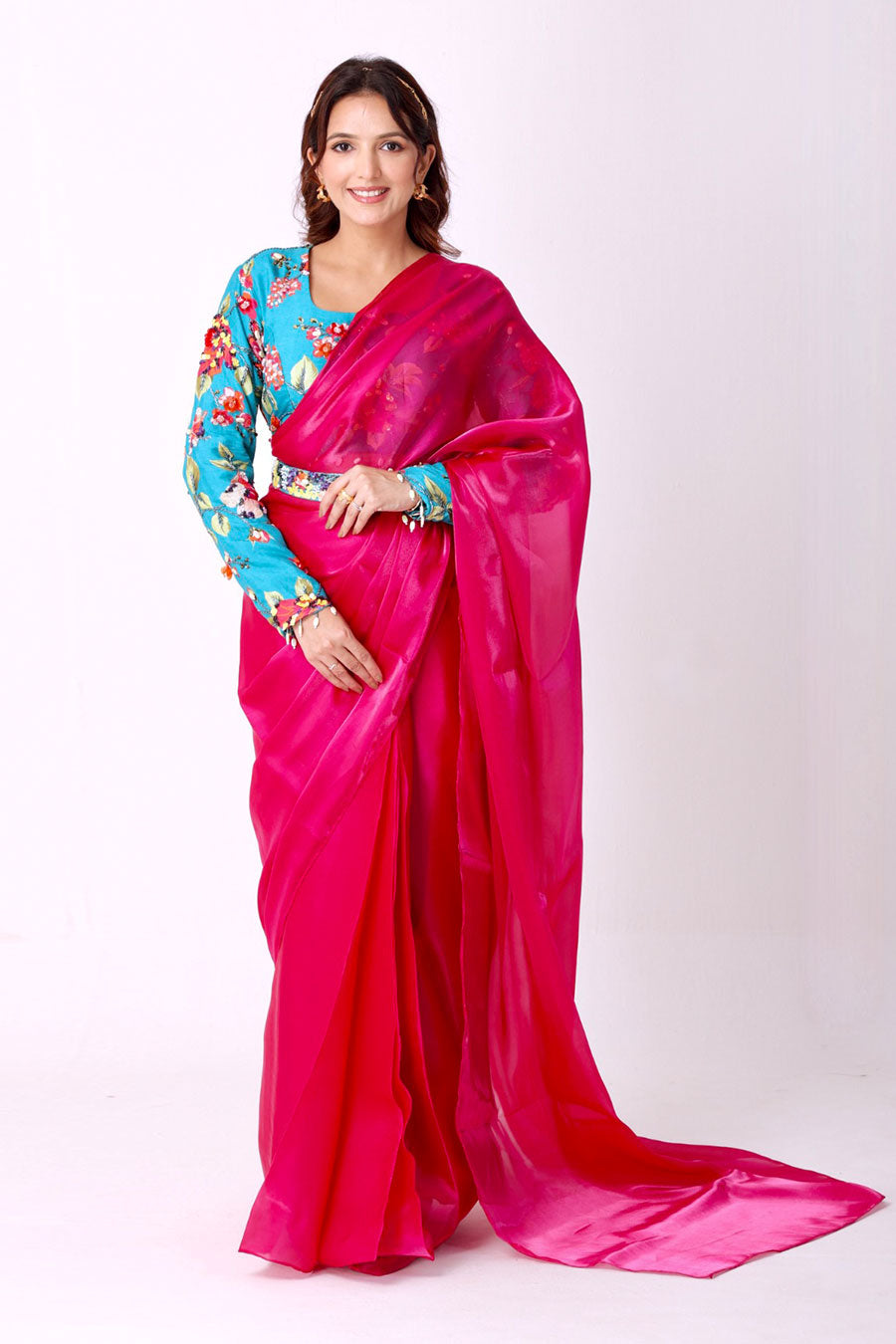 Fuchsia Organza Saree With Embroidered Blouse & Belt