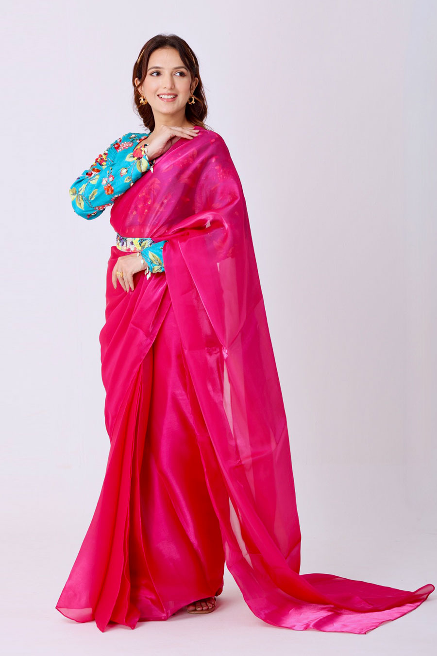 Fuchsia Organza Saree With Embroidered Blouse & Belt