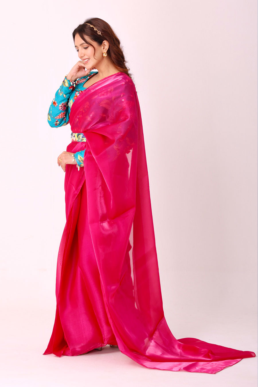 Fuchsia Organza Saree With Embroidered Blouse & Belt