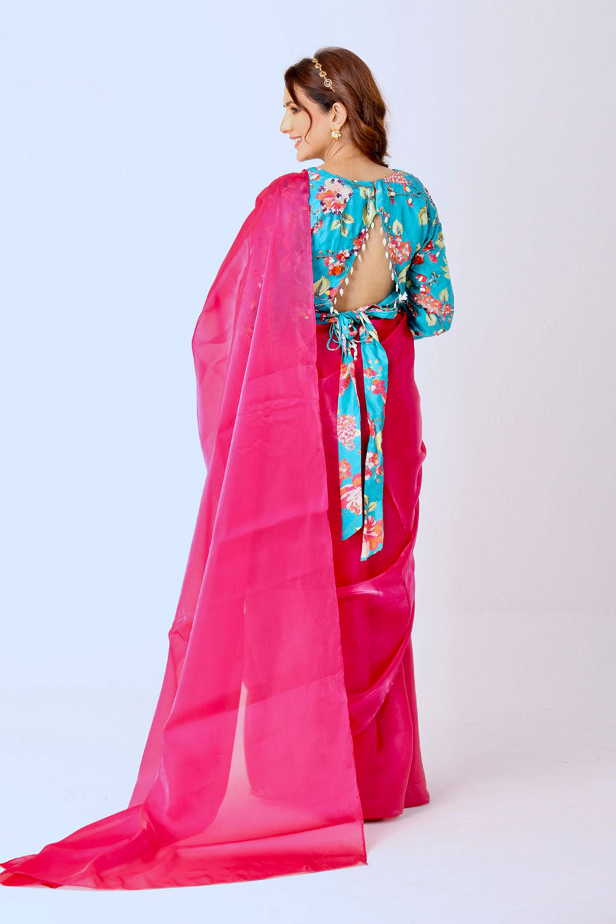 Fuchsia Organza Saree With Embroidered Blouse & Belt