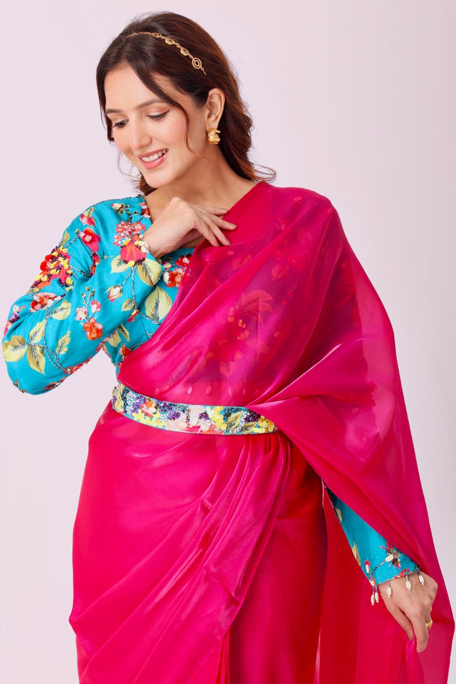 Fuchsia Organza Saree With Embroidered Blouse & Belt