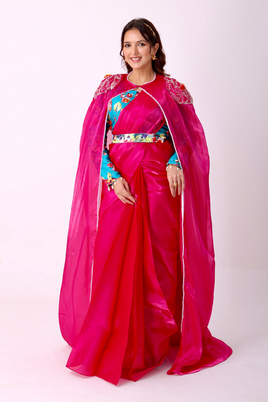 Fuchsia Organza Saree With Embroidered Blouse, Belt & Cape