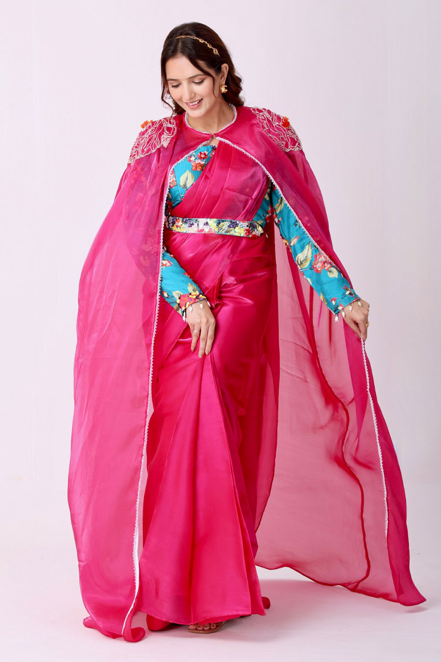 Fuchsia Organza Saree With Embroidered Blouse, Belt & Cape