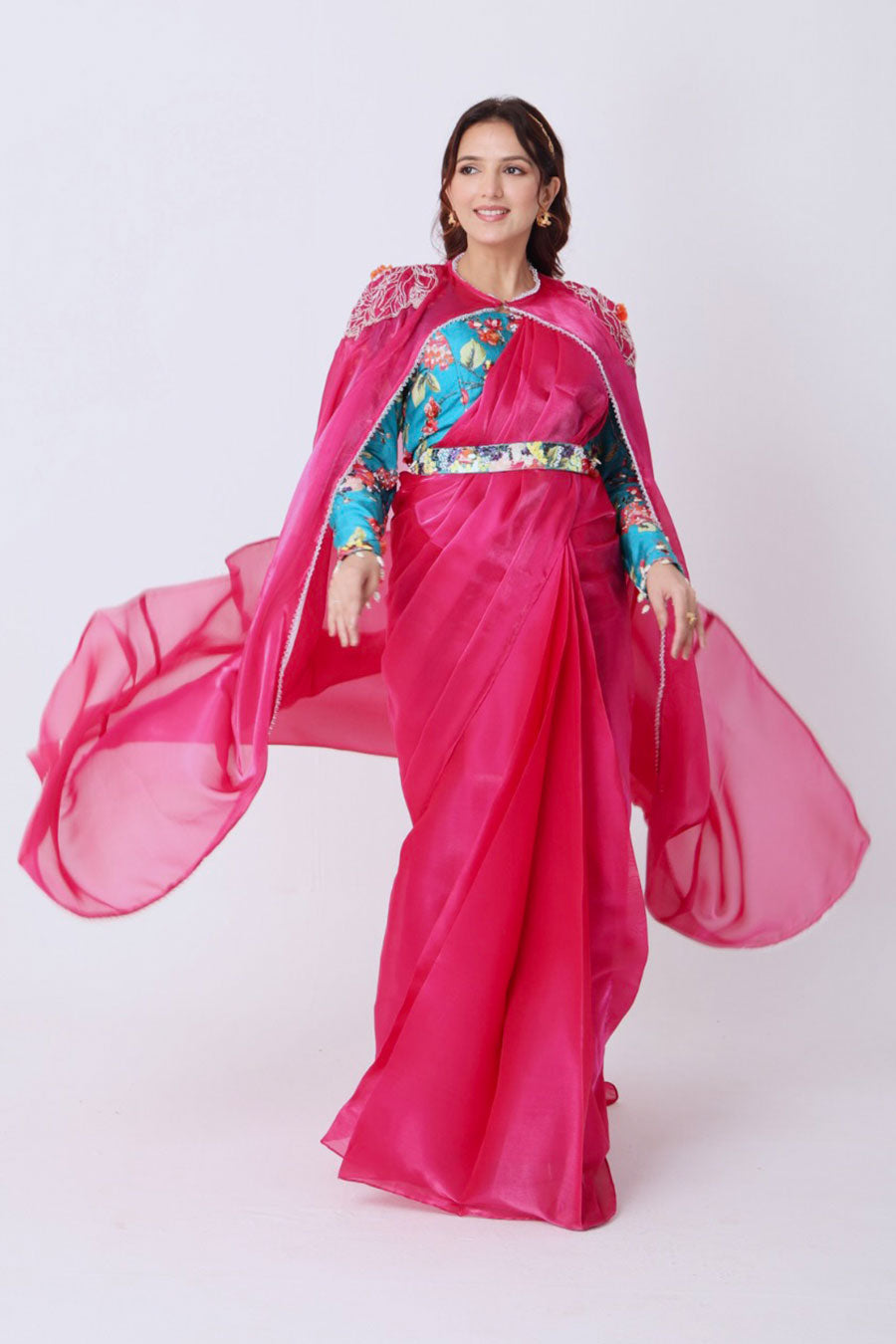 Fuchsia Organza Saree With Embroidered Blouse, Belt & Cape