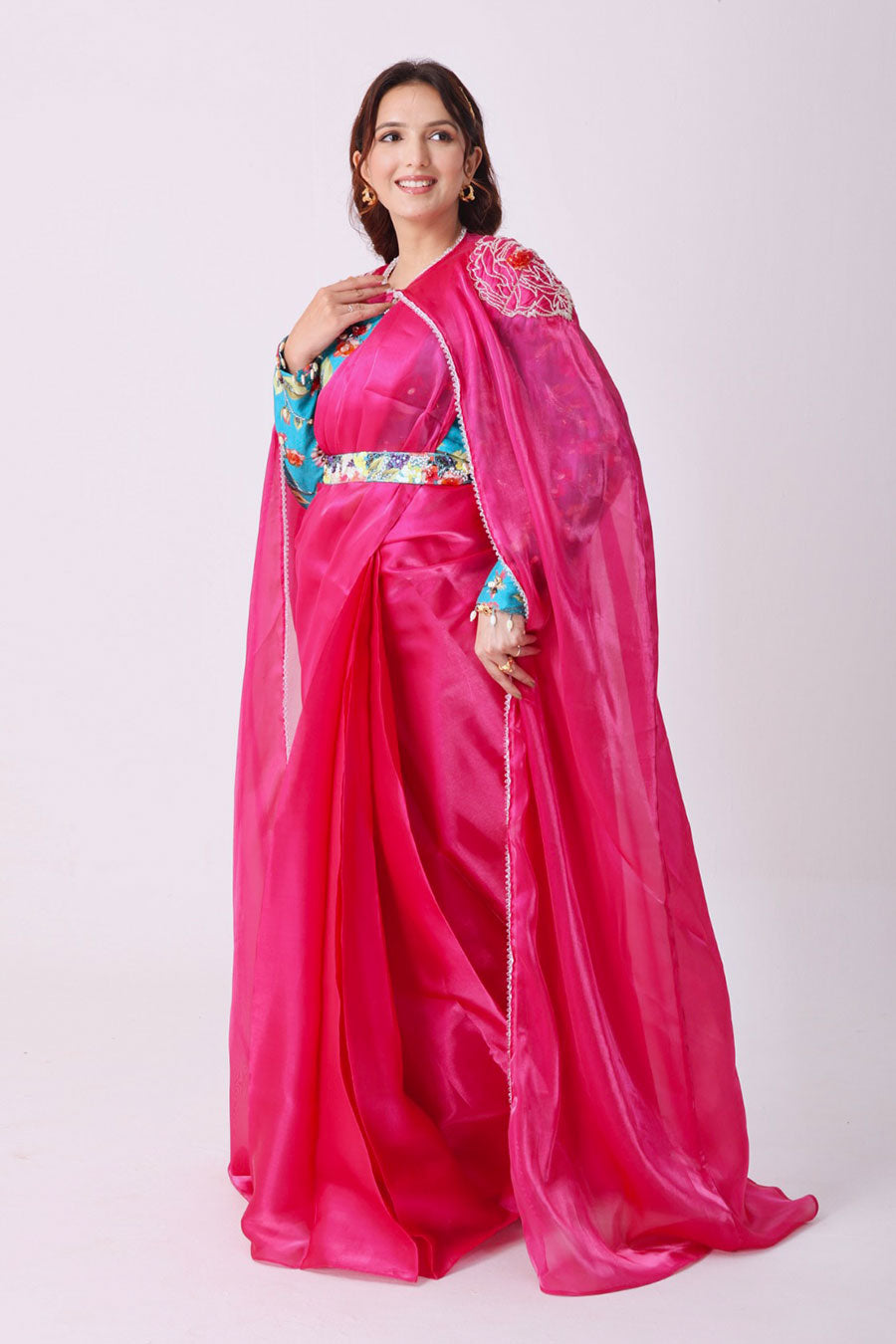 Fuchsia Organza Saree With Embroidered Blouse, Belt & Cape