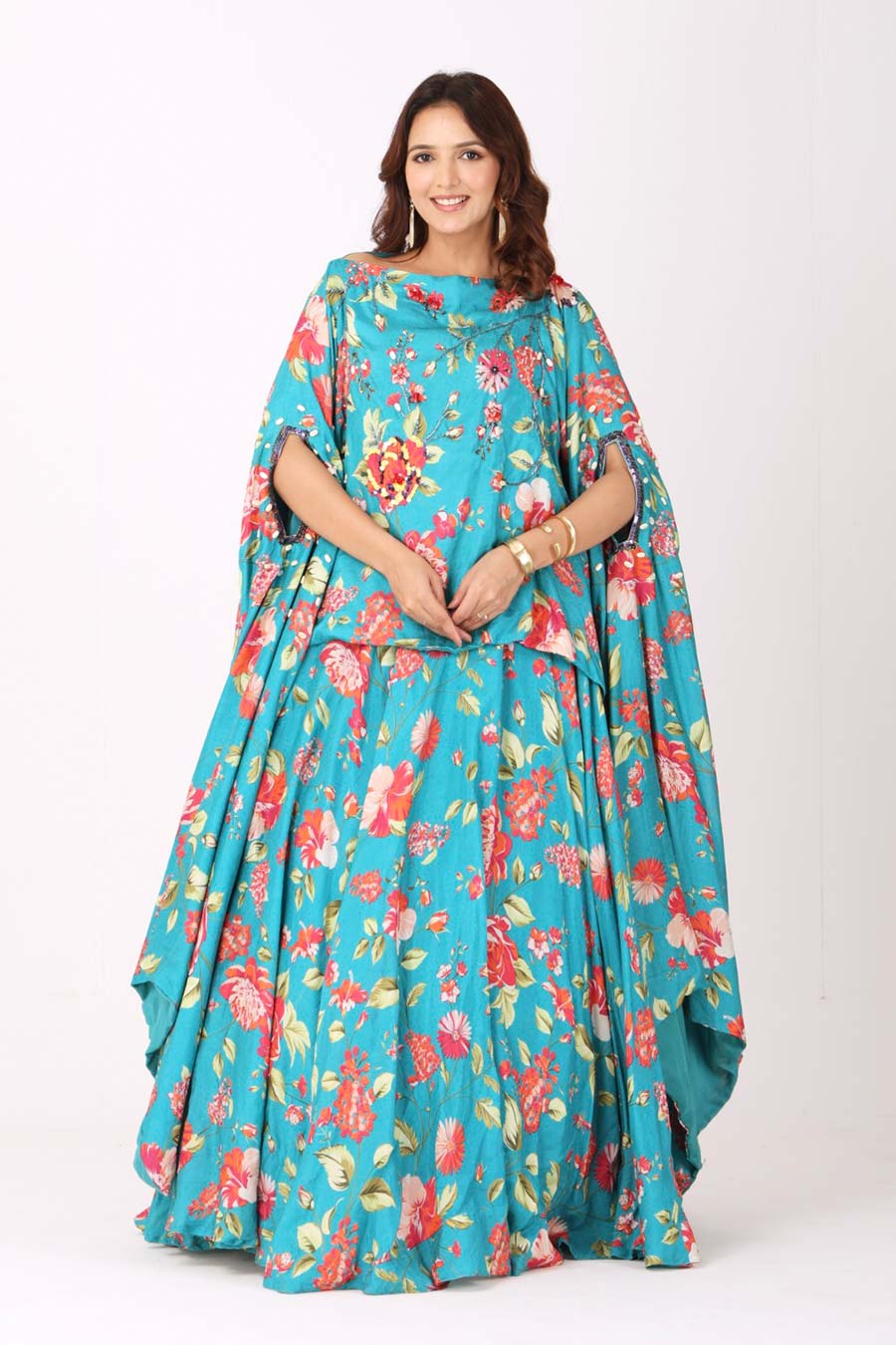 Turquoise Blue Floral Embroidered Tunic & Skirt Set