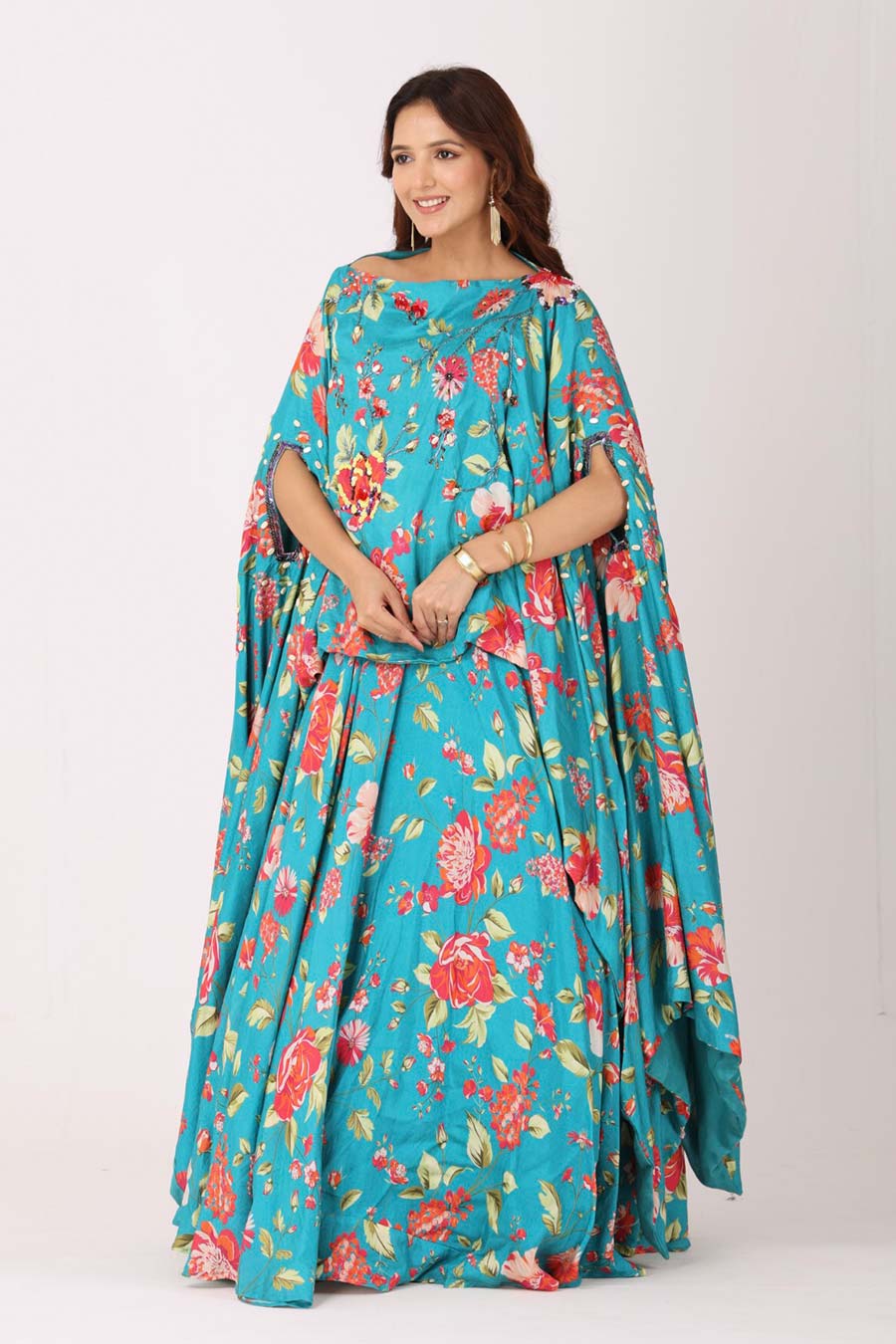 Turquoise Blue Floral Embroidered Tunic & Skirt Set