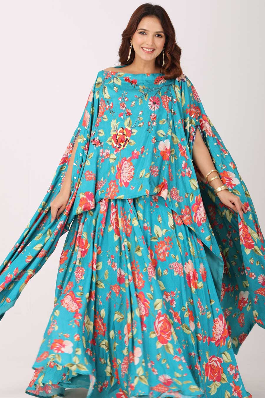 Turquoise Blue Floral Embroidered Tunic & Skirt Set