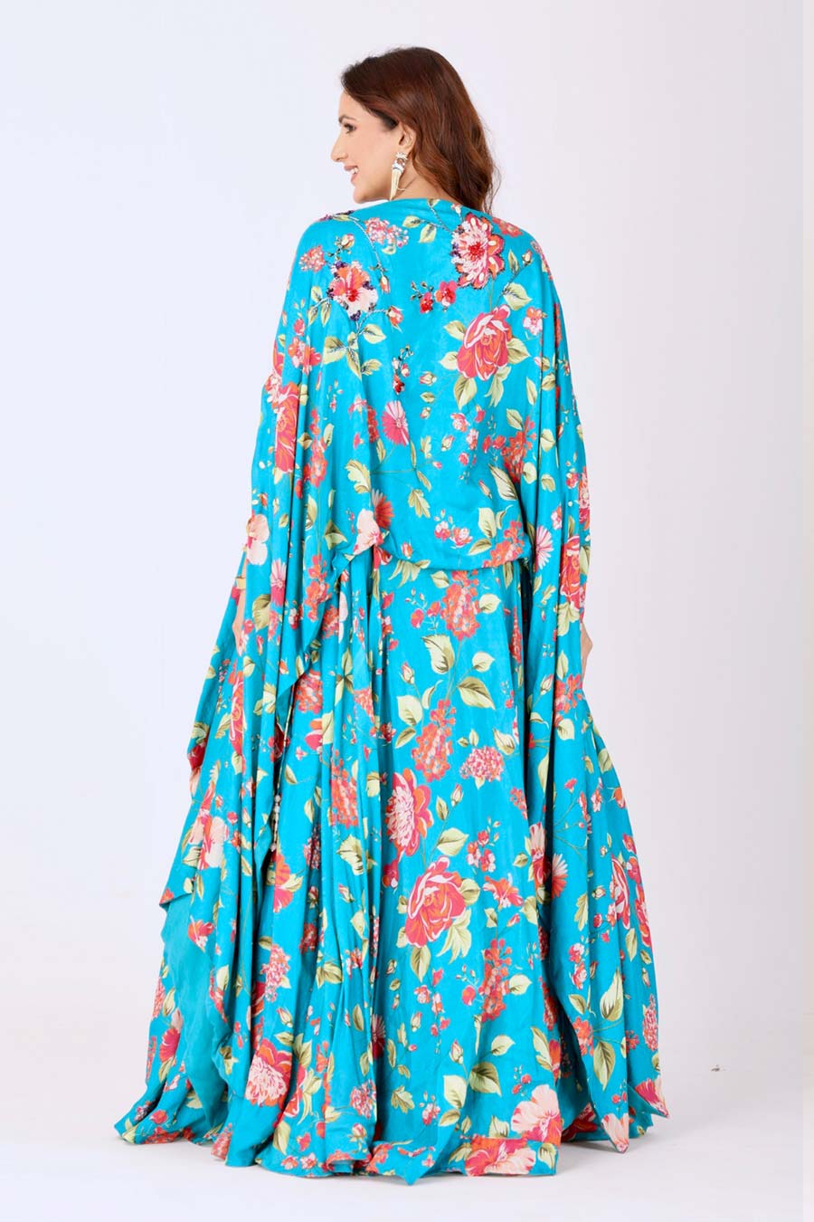 Turquoise Blue Floral Embroidered Tunic & Skirt Set