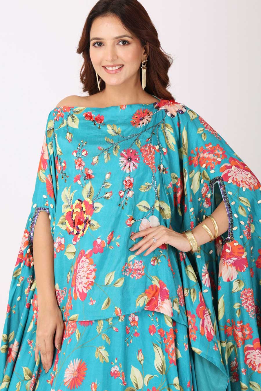 Turquoise Blue Floral Embroidered Tunic & Skirt Set