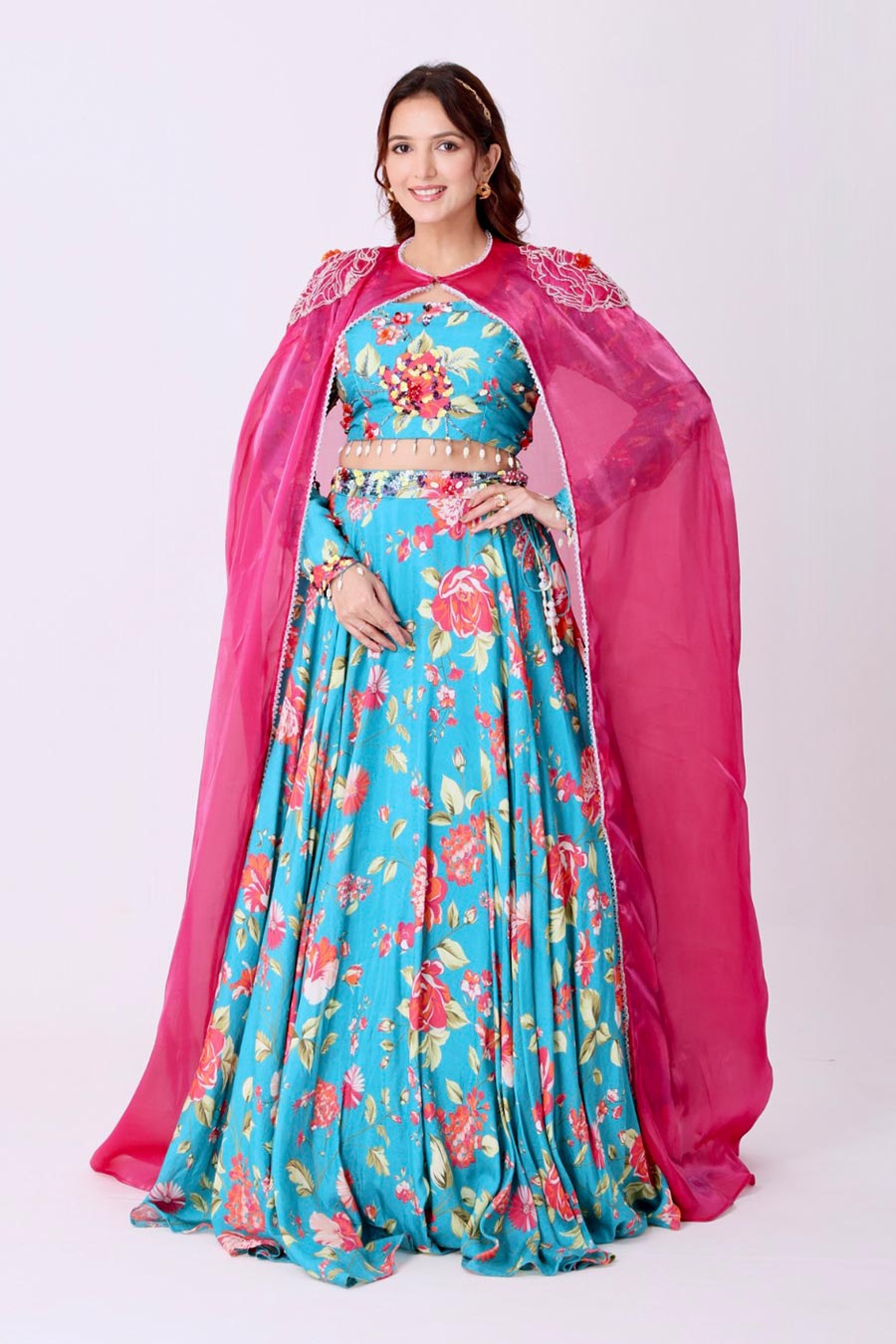 Turquoise Blue Floral Embroidered Cape Lehenga Set
