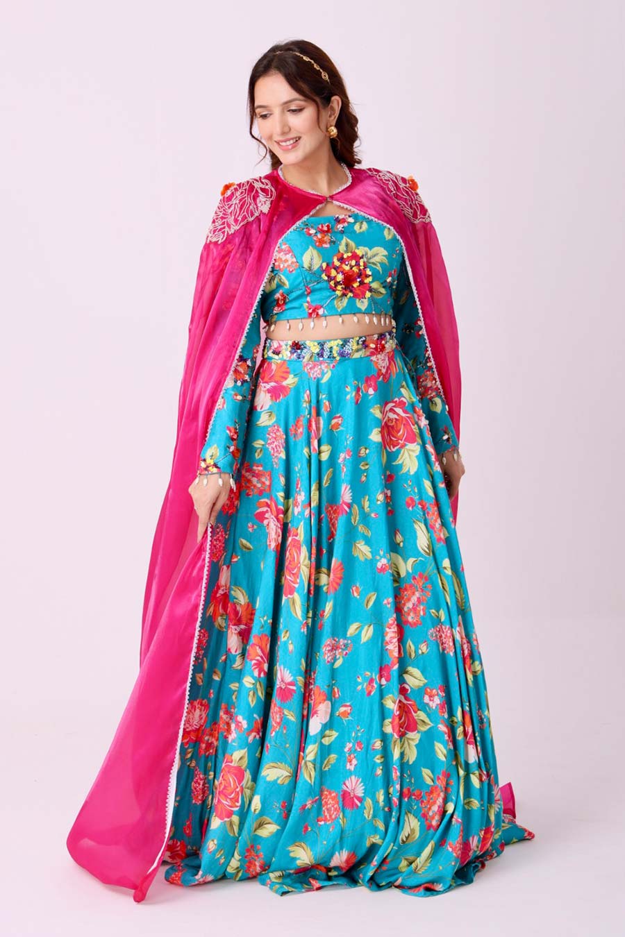 Turquoise Blue Floral Embroidered Cape Lehenga Set