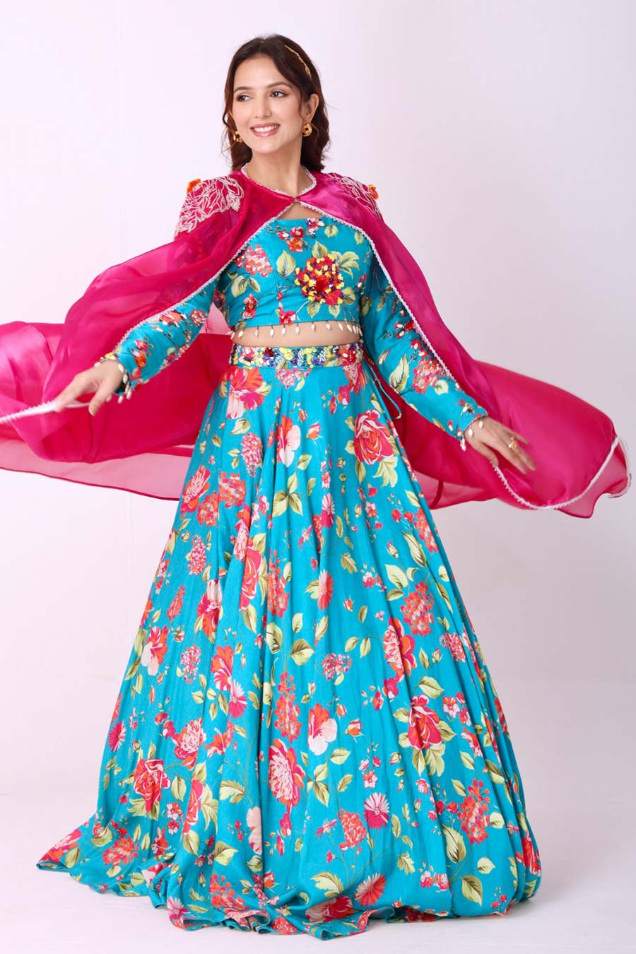 Turquoise Blue Floral Embroidered Cape Lehenga Set