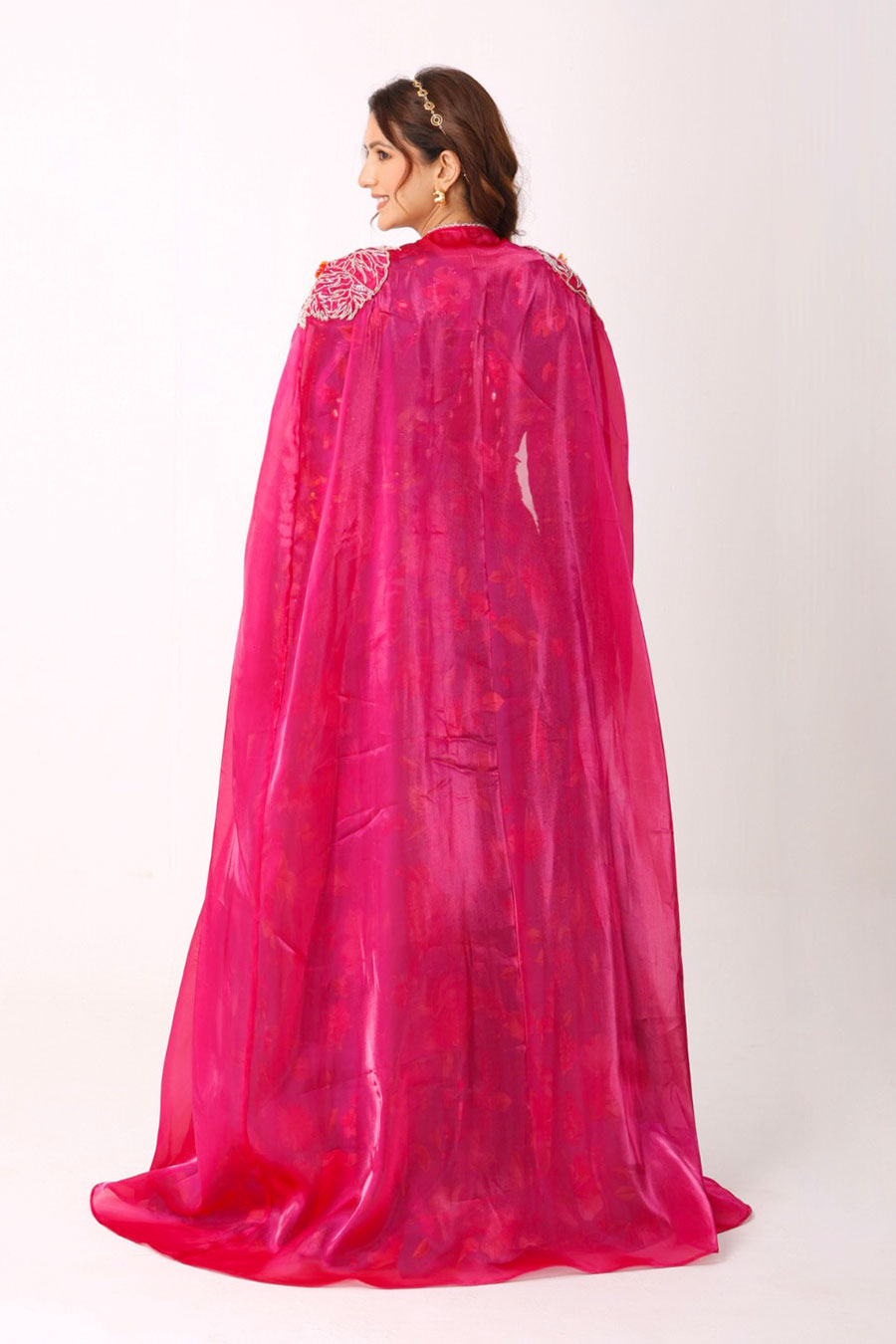 Turquoise Blue Floral Embroidered Cape Lehenga Set