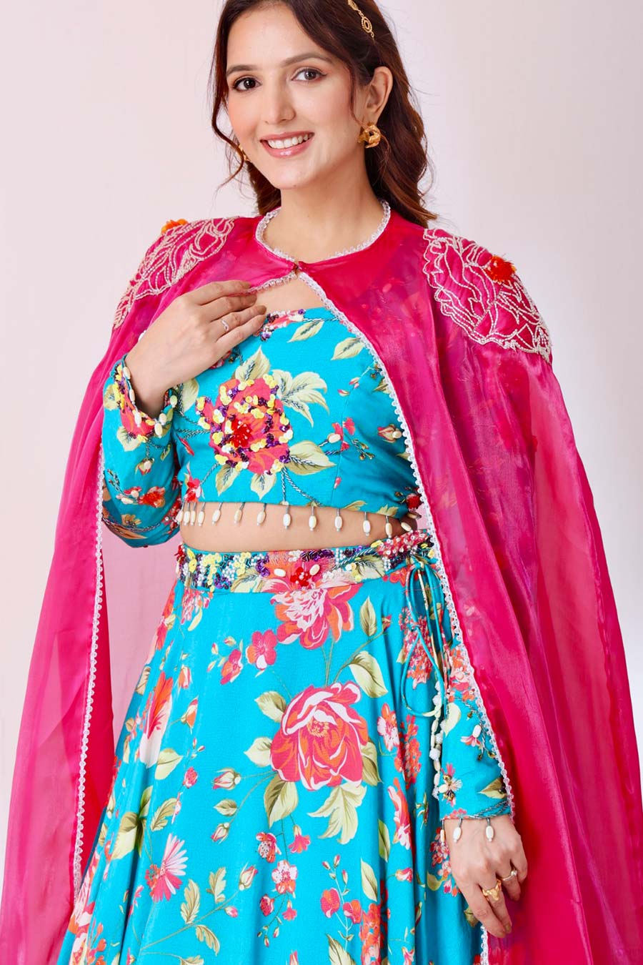 Turquoise Blue Floral Embroidered Cape Lehenga Set
