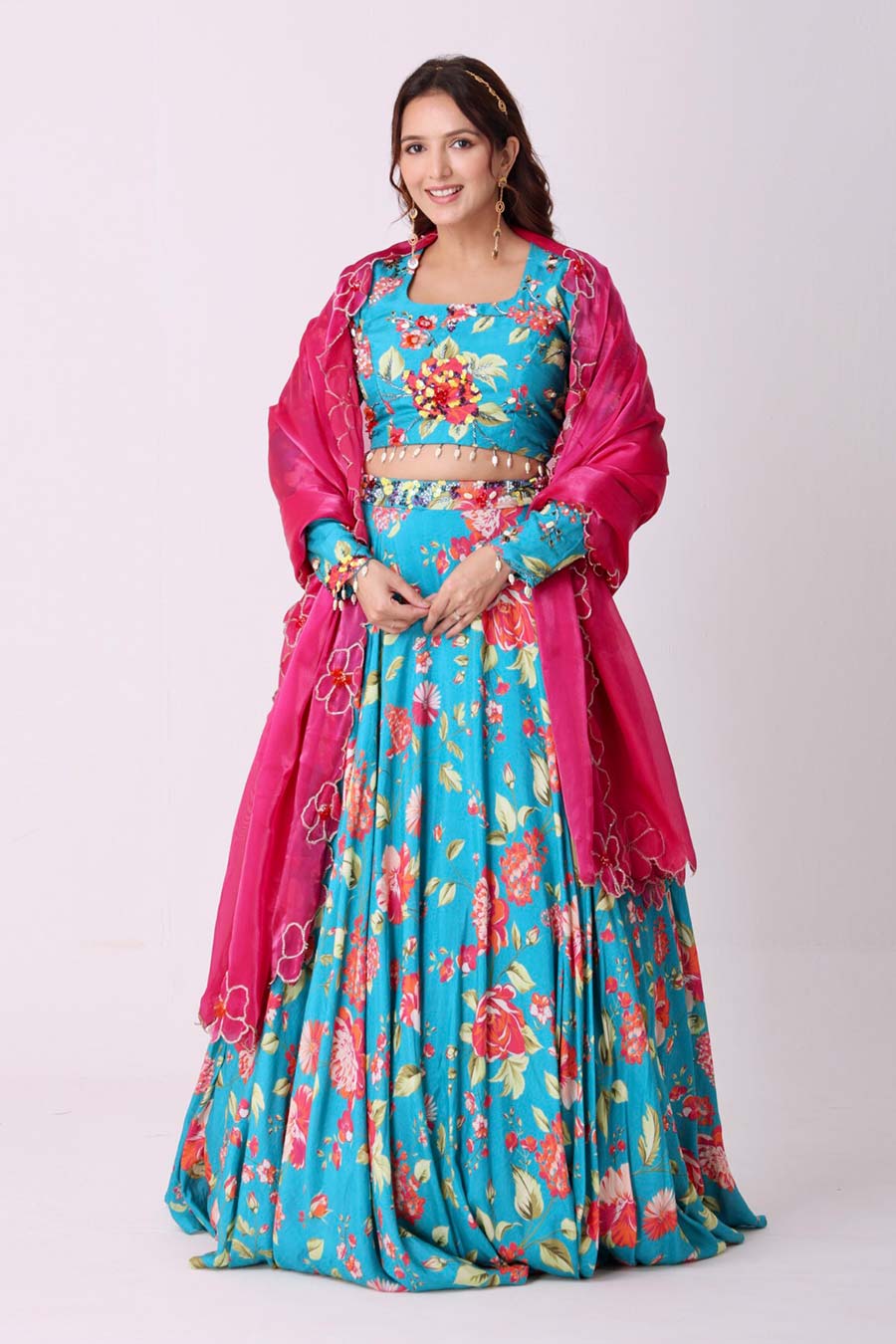 Turquoise Blue Floral Embroidered Lehenga Set