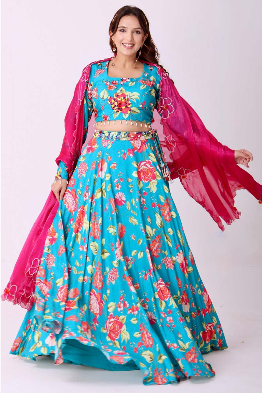 Turquoise Blue Floral Embroidered Lehenga Set