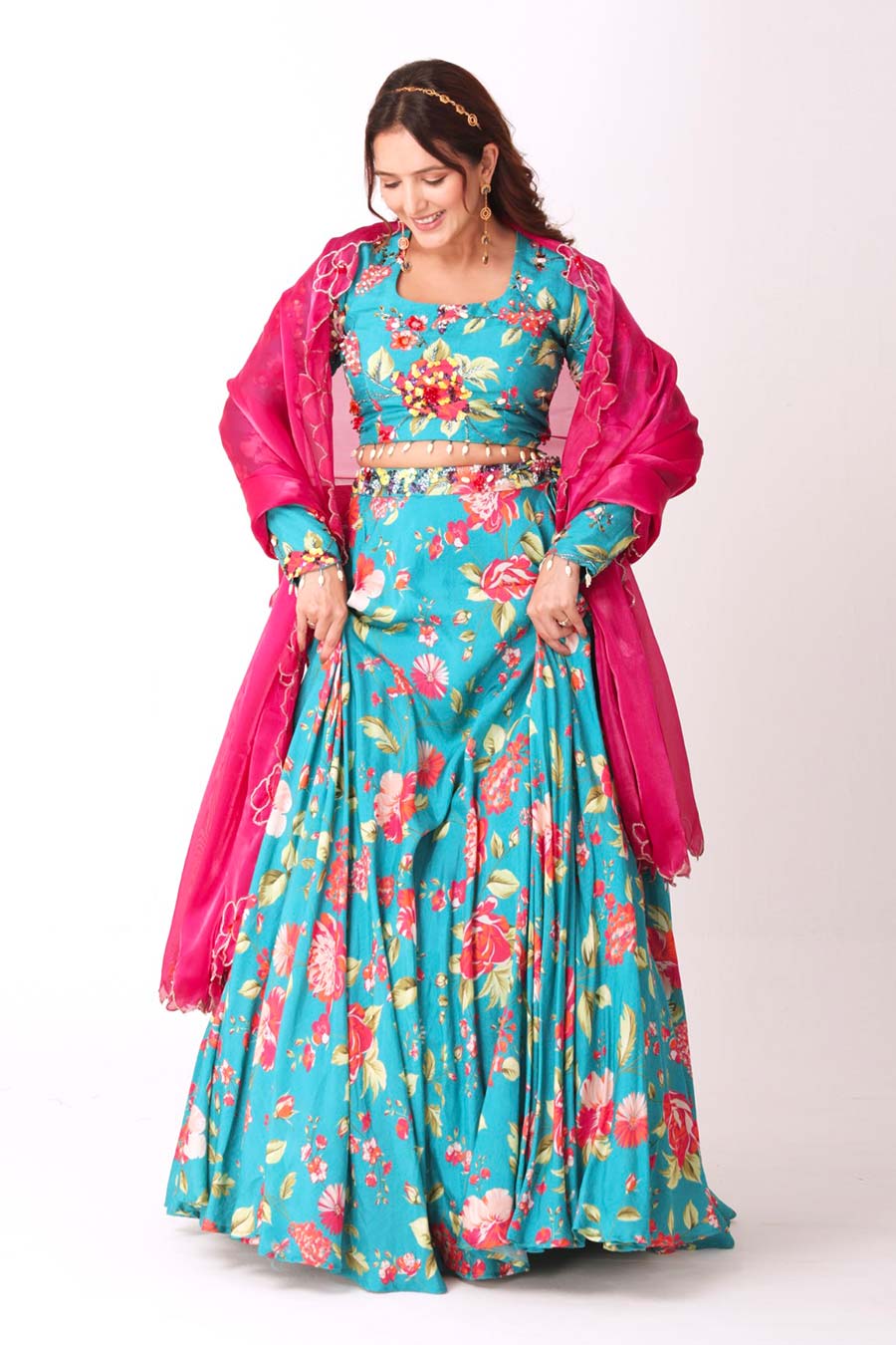 Turquoise Blue Floral Embroidered Lehenga Set