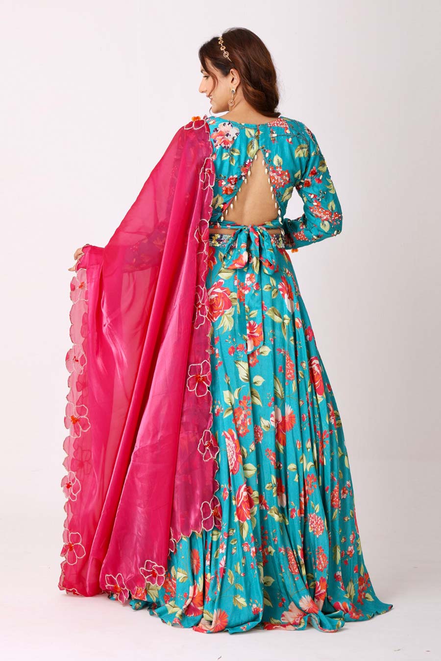 Turquoise Blue Floral Embroidered Lehenga Set