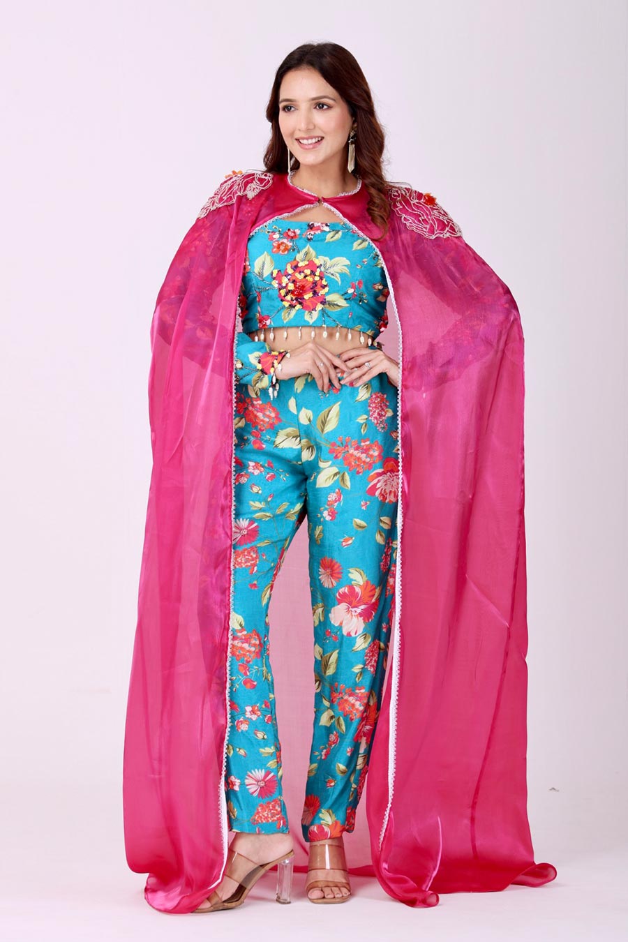 Turquoise Blue Floral Embroidered Co-Ord Set With Cape