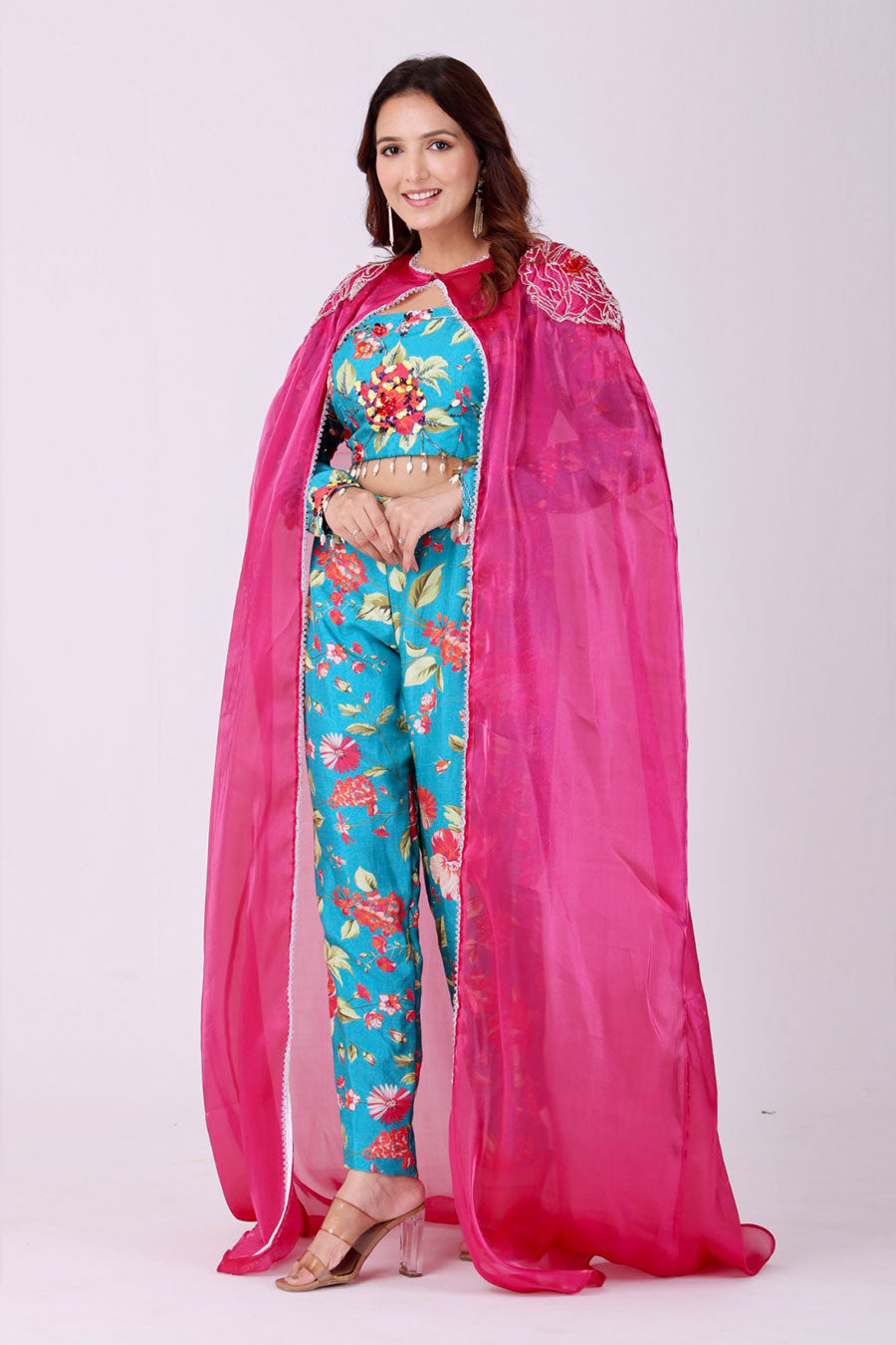 Turquoise Blue Floral Embroidered Co-Ord Set With Cape