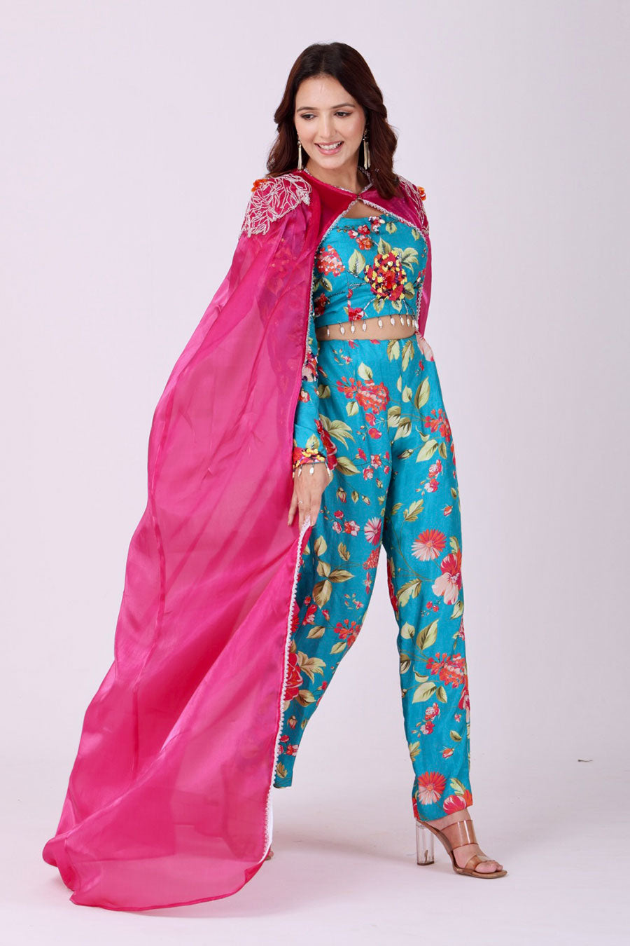 Turquoise Blue Floral Embroidered Co-Ord Set With Cape