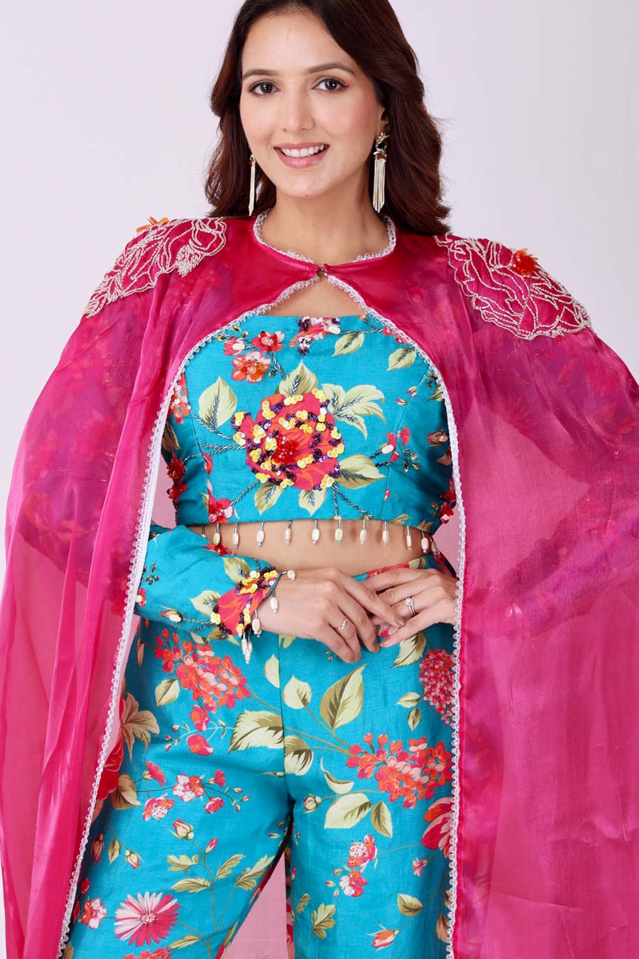 Turquoise Blue Floral Embroidered Co-Ord Set With Cape