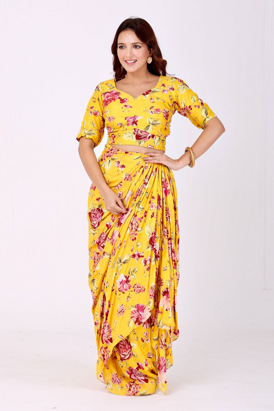 Yellow Embroidered Floral Top & Drape Skirt Set