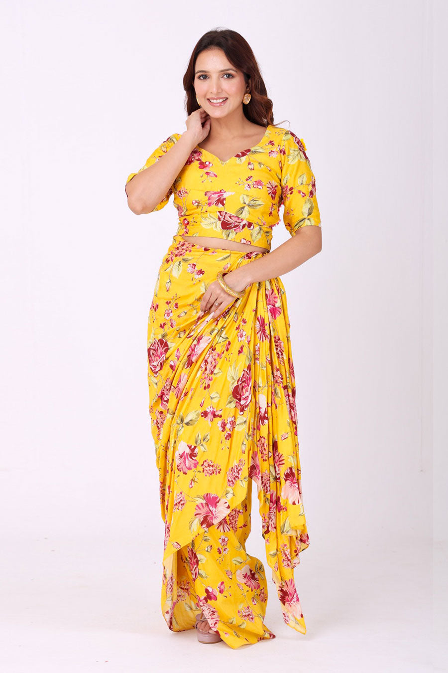 Yellow Embroidered Floral Top & Drape Skirt Set