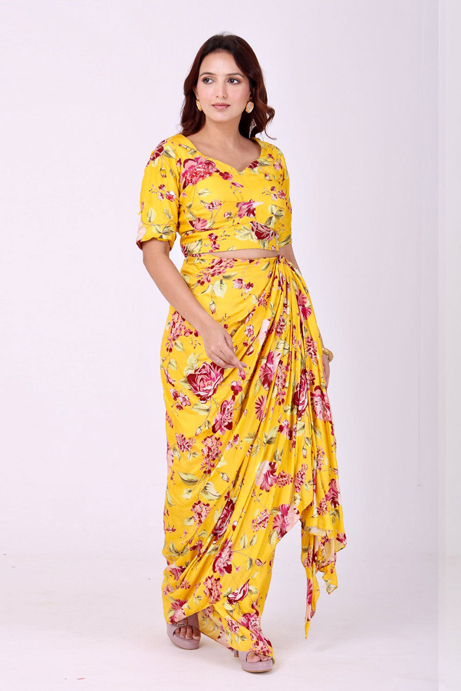 Yellow Embroidered Floral Top & Drape Skirt Set