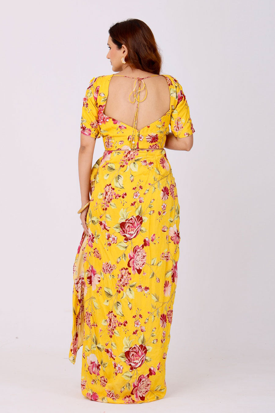 Yellow Embroidered Floral Top & Drape Skirt Set