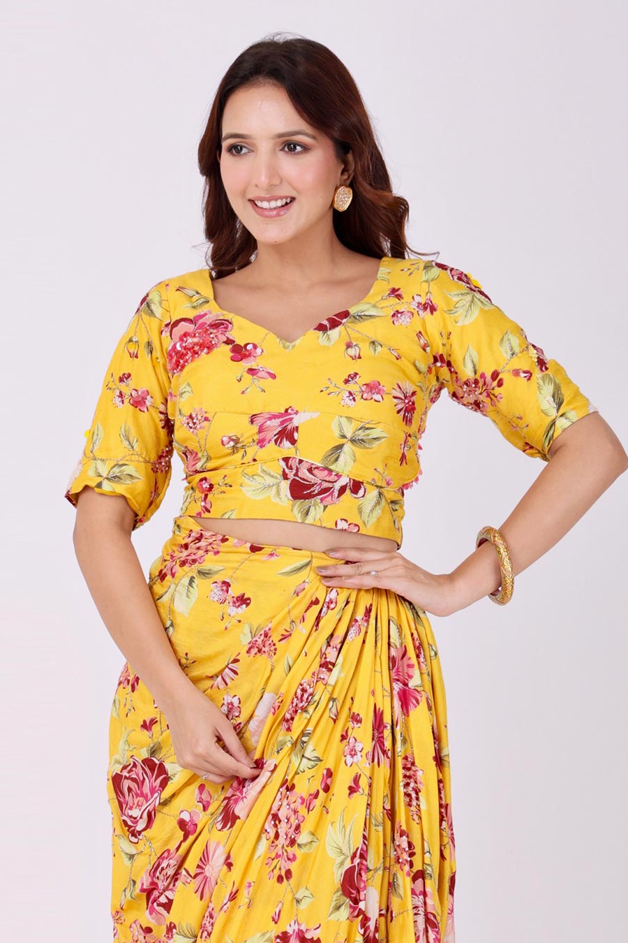 Yellow Embroidered Floral Top & Drape Skirt Set