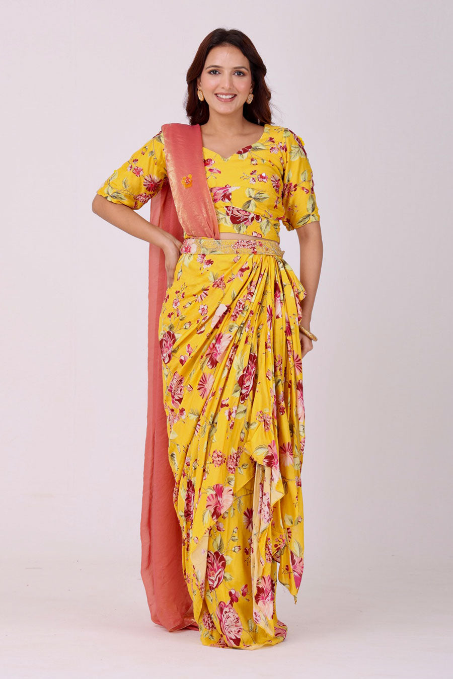 Yellow Embroidered Floral Top & Pre-Drape Saree Set