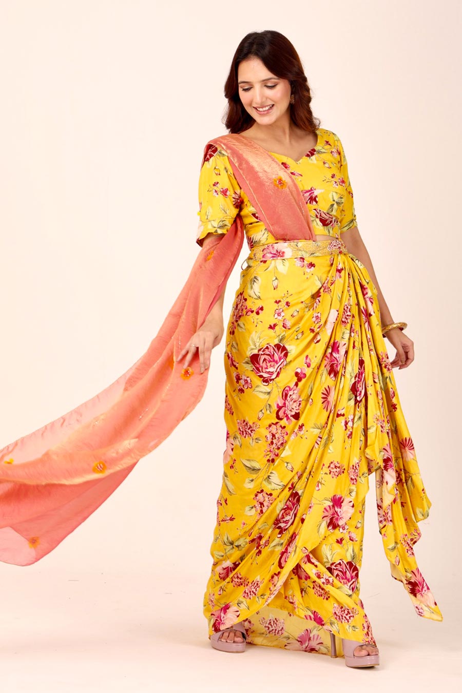 Yellow Embroidered Floral Top & Pre-Drape Saree Set