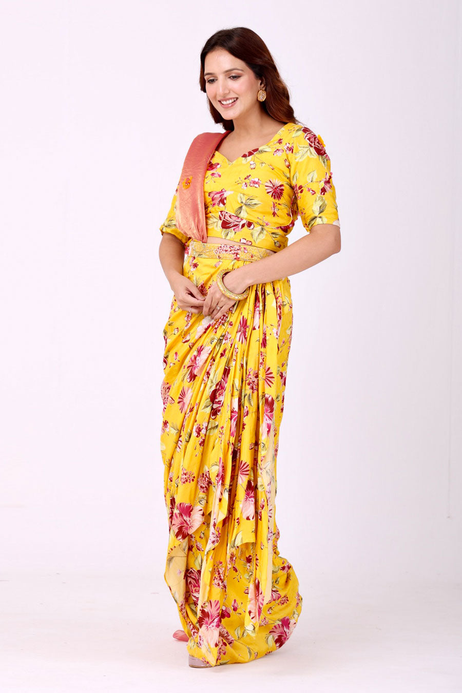 Yellow Embroidered Floral Top & Pre-Drape Saree Set