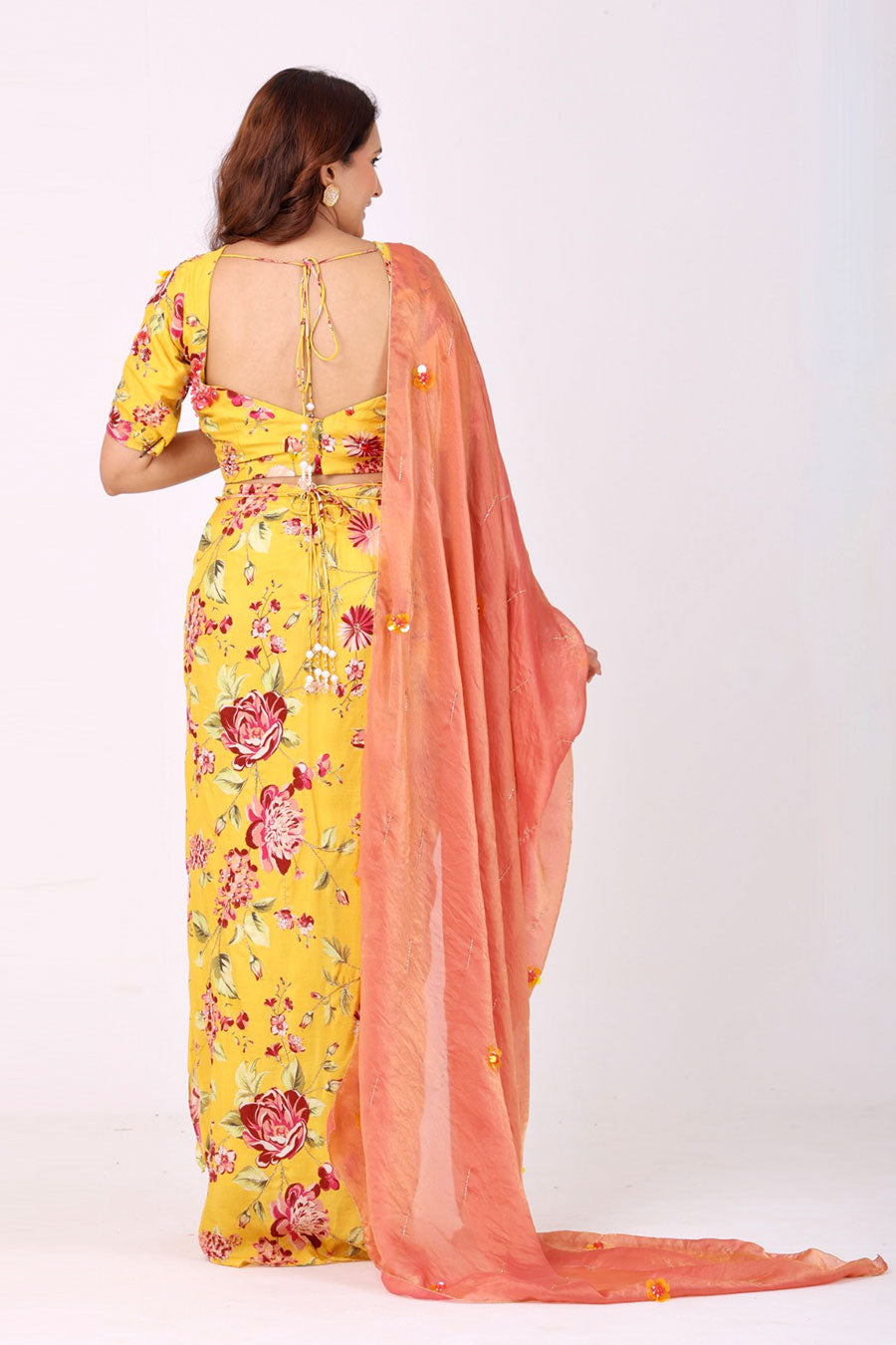 Yellow Embroidered Floral Top & Pre-Drape Saree Set