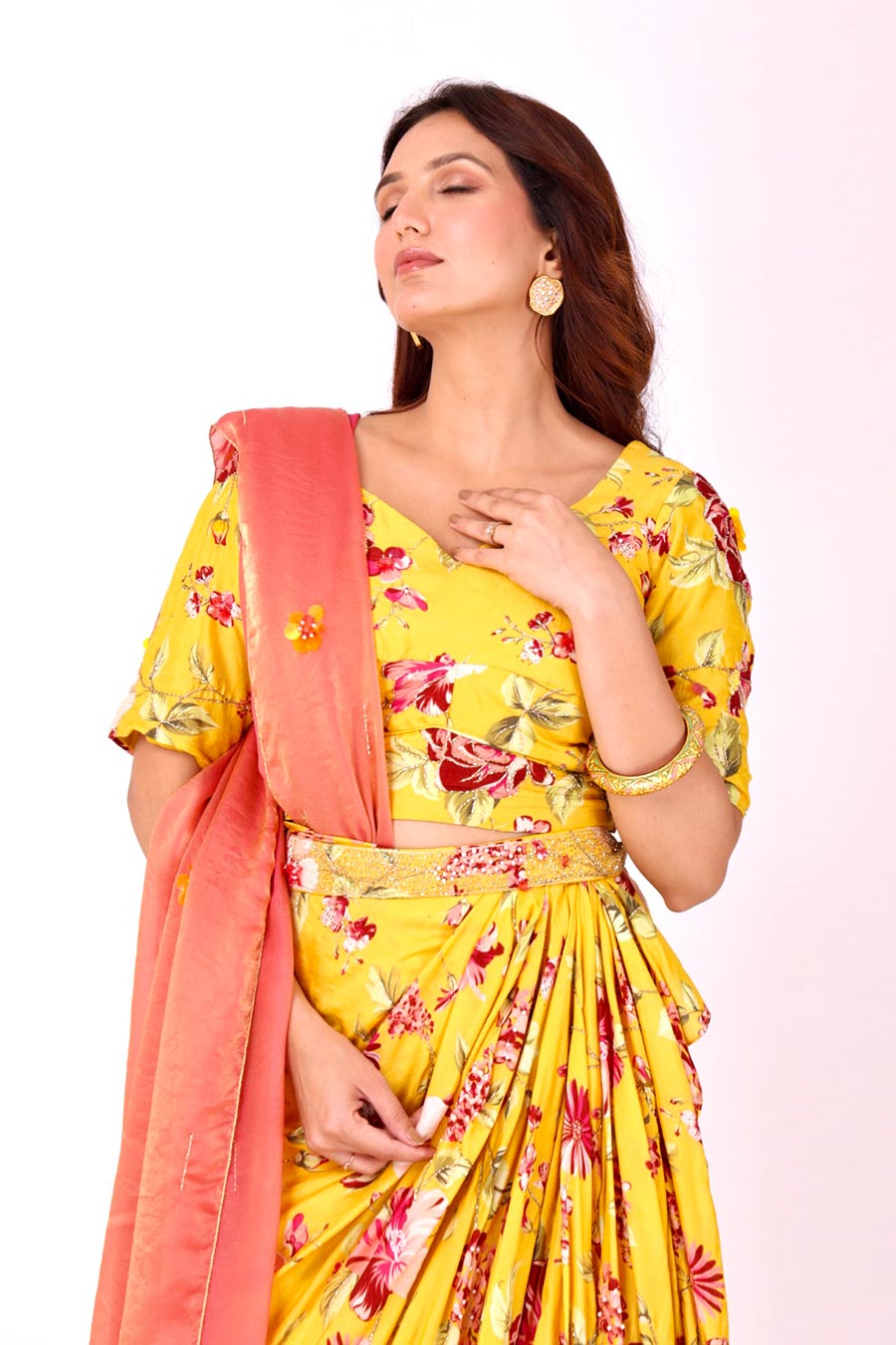 Yellow Embroidered Floral Top & Pre-Drape Saree Set