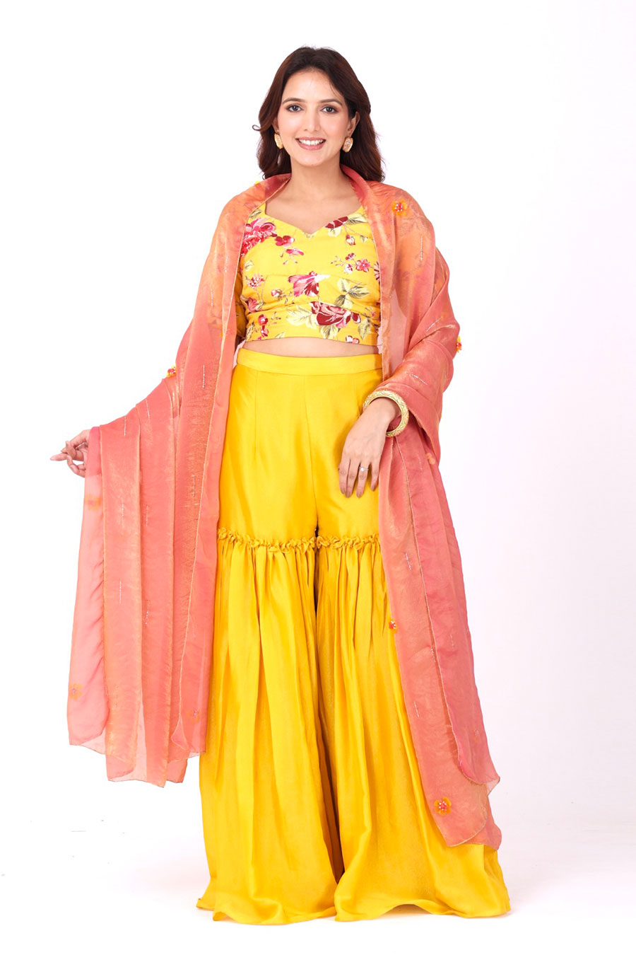 Yellow Embroidered Floral Sharara Set With Organza Dupatta