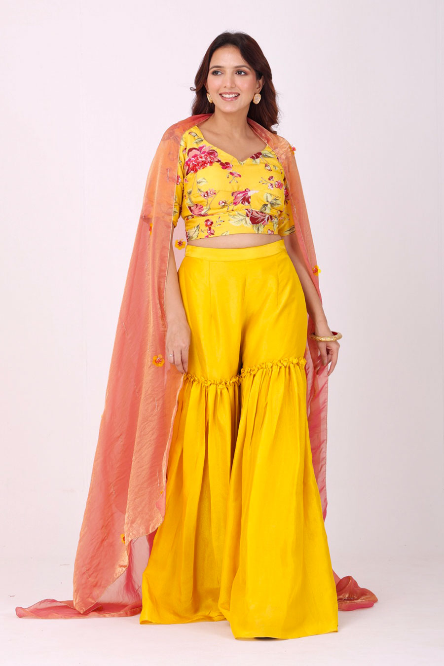 Yellow Embroidered Floral Sharara Set With Organza Dupatta