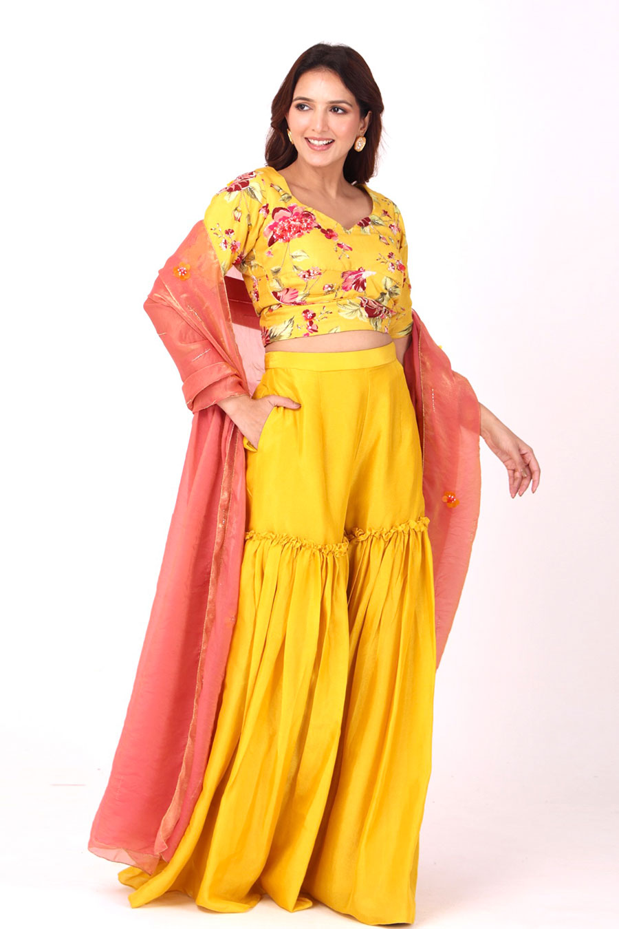 Yellow Embroidered Floral Sharara Set With Organza Dupatta