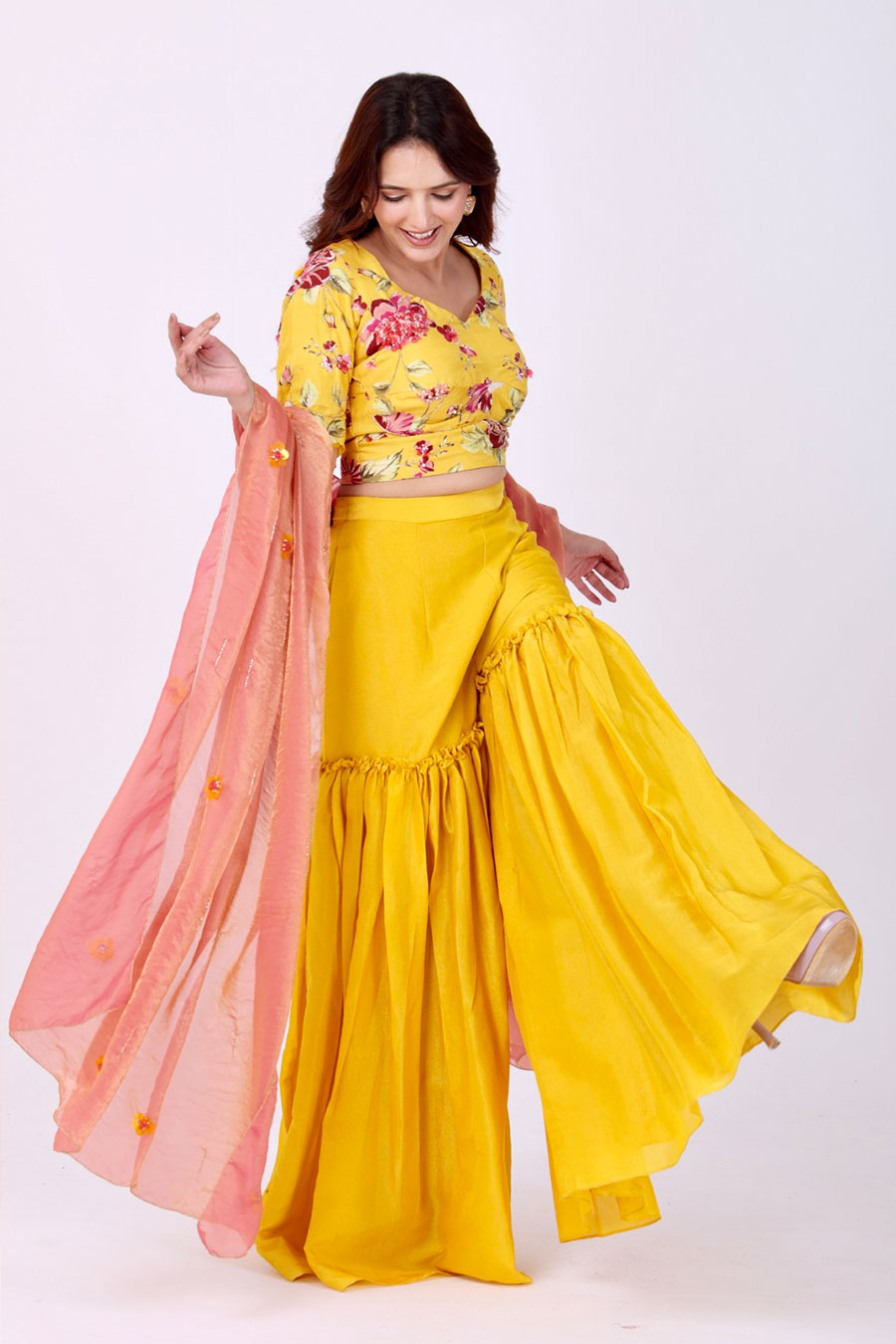 Yellow Embroidered Floral Sharara Set With Organza Dupatta