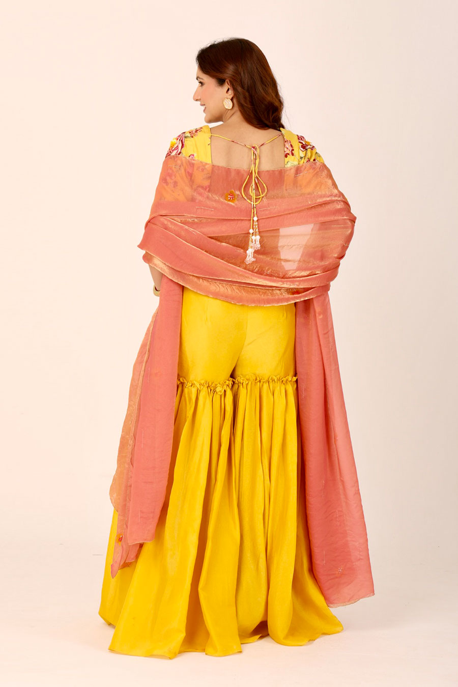 Yellow Embroidered Floral Sharara Set With Organza Dupatta