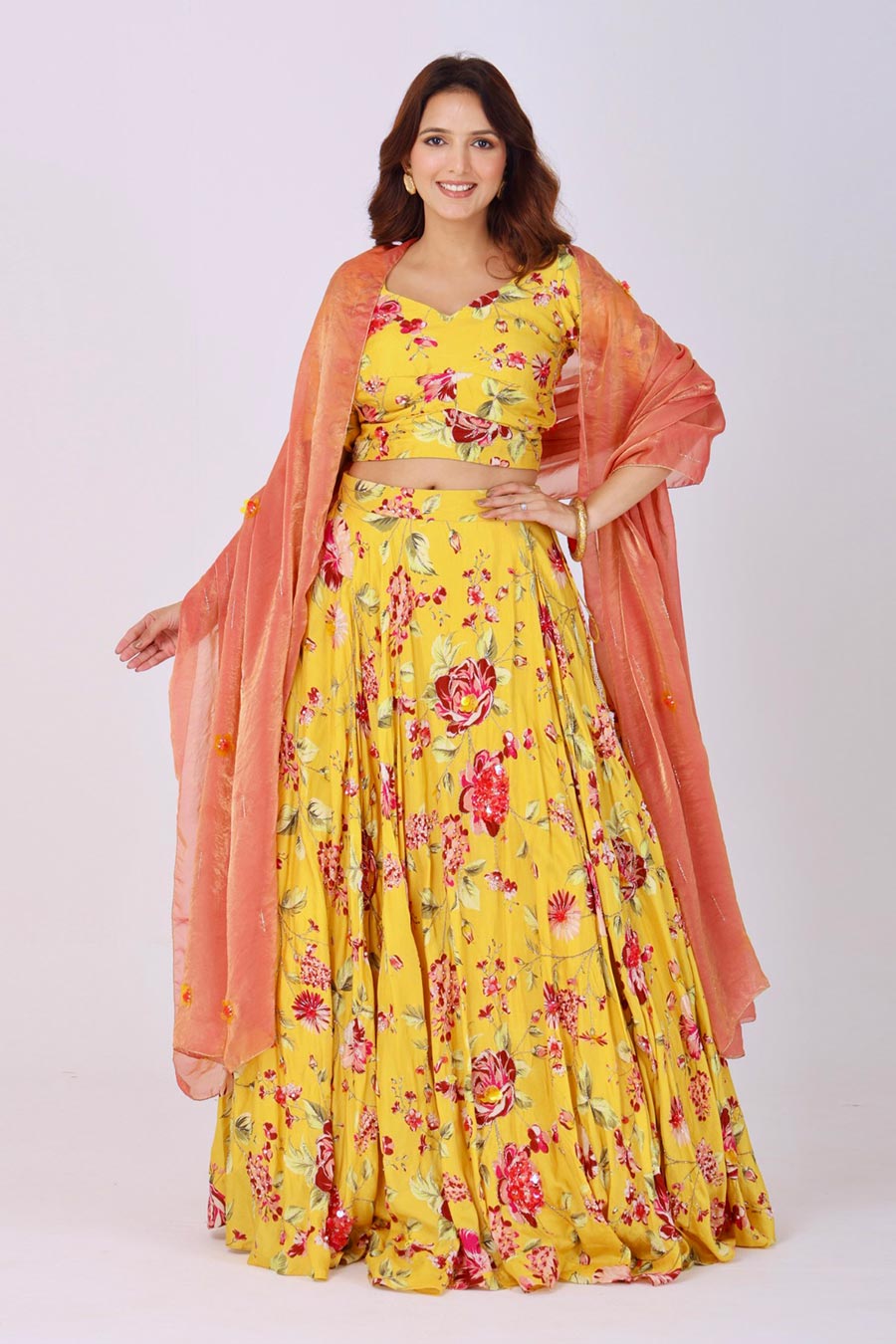 Yellow Embroidered Floral Lehenga Set With Organza Dupatta